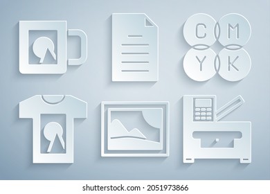 Set Picture landscape, CMYK color mixing, T-shirt, Copy machine, File document and Coffee cup icon. Vector