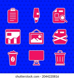 Set Picture landscape, Computer monitor, Trash can, Delete file document, Coffee cup go, Graph chart infographic, Document with and To list planning icon. Vector