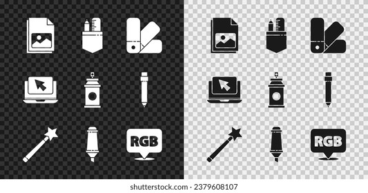 Set Picture landscape, Crossed ruler pencil, Color palette guide, Magic wand, Marker, Speech bubble with RGB CMYK, Laptop cursor and Paint spray can icon. Vector
