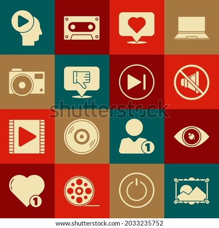 Set Picture landscape, Eye, Speaker mute, Like heart, Dislike in speech bubble, Photo camera, Head people with play button and Fast forward icon. Vector