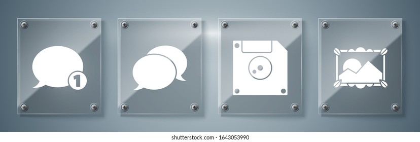 Set Picture landscape, Floppy disk for computer data storage, Speech bubble chat and Speech bubble chat. Square glass panels. Vector