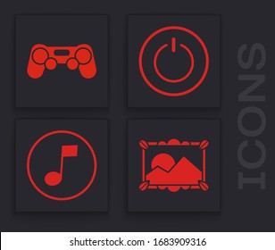 Set Picture landscape, Gamepad, Power button and Music note, tone icon. Vector