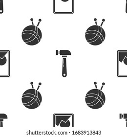 Set Picture landscape, Hammer and Yarn ball with knitting needles on seamless pattern. Vector