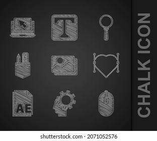 Die Bildlandschaft, menschlicher Kopf mit der Ganginnenseite, Computermaus, Herz-Bezier-Kurve, AE-Datei-Dokument, Crossed Lineal-Stift, Gläserglas und Laptop-Cursor-Symbol. Vektorgrafik