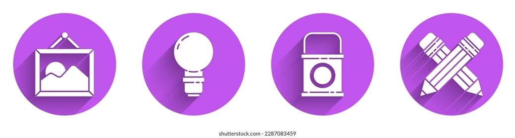 Set Picture landscape, Light bulb, Paint bucket and Crossed pencil with eraser icon with long shadow. Vector
