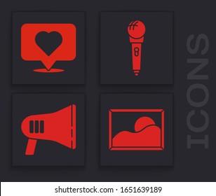 Set Picture landscape, Like and heart, Microphone and Megaphone icon. Vector