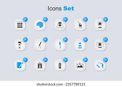 Set Picture landscape, Paint brush, Palette, Notebook, bucket, spray, Wax crayons for drawing and knife icon. Vector