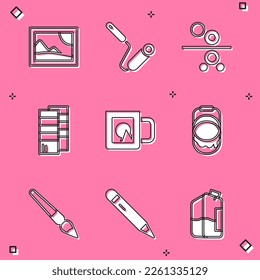 Ajuste el paisaje de la imagen, pincel de rodillos de pintura, Papel de impresión, Pantone, taza de café, cubo y lápiz con icono de borrador. Vector