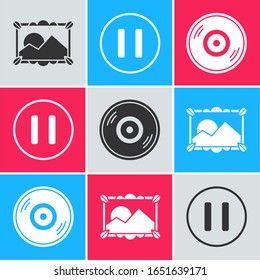 Set Picture landscape, Pause button and Vinyl disk icon. Vector