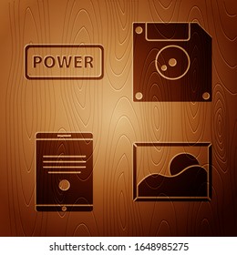 Set Picture landscape, Power button, Tablet and Floppy disk for computer data storage on wooden background. Vector