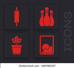 Set Picture landscape, Rolling pin, Bowling pin and Flowers in pot icon. Vector