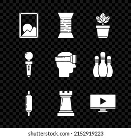 Set Picture landscape, Sewing thread on spool, Flowers pot, Rolling pin, Chess symbol, Online play video, Joystick for arcade machine and Virtual reality glasses icon. Vector