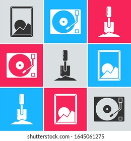 Set Picture landscape, Vinyl player with a vinyl disk and Shovel in the ground icon. Vector