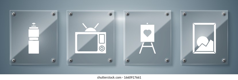 Set Picture landscape, Wood easel or painting art boards, Television and Fitness shaker. Square glass panels. Vector