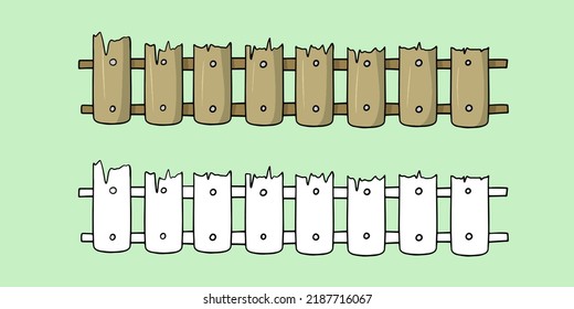 Conjunto de imágenes, Larga valla baja de madera con grietas, ilustración vectorial en estilo de dibujos animados sobre un fondo de color