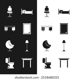 Set Picture, Office desk, chair, Bed, Armchair, Floor lamp, Wooden table and Toilet bowl icon. Vector