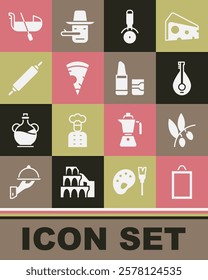 Set Picture, Olives branch, Mandolin, Pizza knife, Slice of pizza, Rolling pin, Gondola and Lipstick icon. Vector