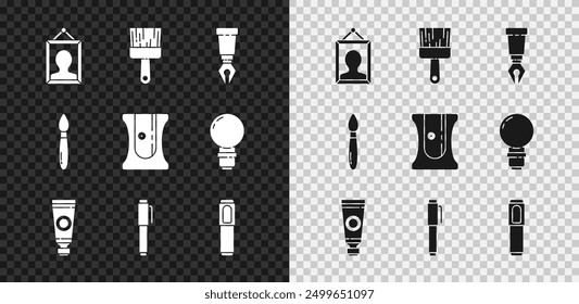 Set Picture, Paint brush, Fountain pen nib, Tube with paint palette, Pen, Marker,  and Pencil sharpener icon. Vector