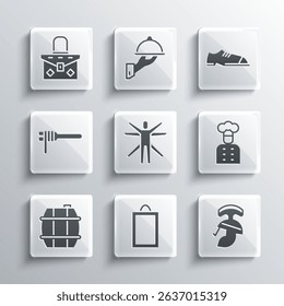 Set Picture, Roman army helmet, Italian cook, Vitruvian Man, Barrel for wine, Pasta spaghetti, Handbag and Men shoes icon. Vector