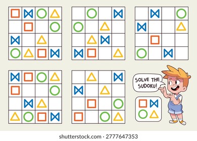 Set of 4×4 picture sudoku puzzles with colored shapes (square, circle, triangle, bowtie). Kids place each symbol once per row and column. Fun printable logic worksheet. Funny vector illustration