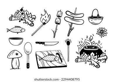 set picture for summer camp. Hand drawn camping and hiking elements. Food cooked over a campfire. Chopping of log on stump.
Outline Vector illustrations in doodle style
