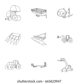 Set of pictures about agricultural machinery icon set collection on outline style vector symbol illustration.