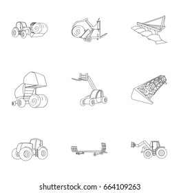 Set of pictures about agricultural machinery. Cars to robots to the ground.Agricultural Machinery icon in set collection on outline style vector symbol stock illustration.