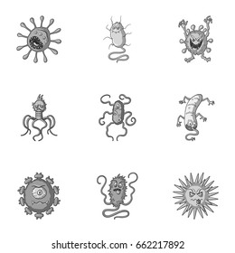 A set of pictures about bacteria and viruses. Germs that are harmful to humans. viruses and bacteria icon in set collection on monochrome style vector symbol stock illustration.