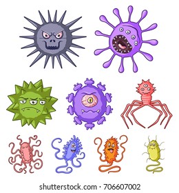 A set of pictures about bacteria and viruses. Germs that are harmful to humans. viruses and bacteria icon in set collection on cartoon style vector symbol stock illustration.