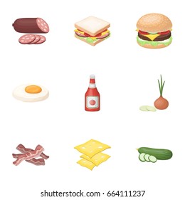 A set of pictures about burgers and ingredients for a sandwich. Burgers ang ingredients icon in set collection on cartoon style vector symbol stock illustration.