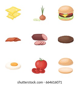 A set of pictures about burgers and ingredients for a sandwich. Burgers ang ingredients icon in set collection on cartoon style vector symbol stock illustration.