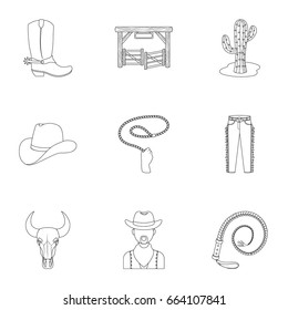 A set of pictures about cowboys. Cowboys on the ranch, horses, weapons, whips.Rodeo icon in set collection on outline style vector symbol stock illustration.