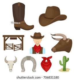 A set of pictures about cowboys. Cowboys on the ranch, horses, weapons, whips.Rodeo icon in set collection on cartoon style vector symbol stock illustration.