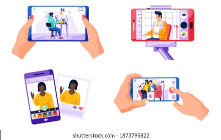 Set of pictures about different people, recorded on video on mobile phone. Female character in a yellow sweater is raising a hand. Person watching broadcast from purple phone in processing application
