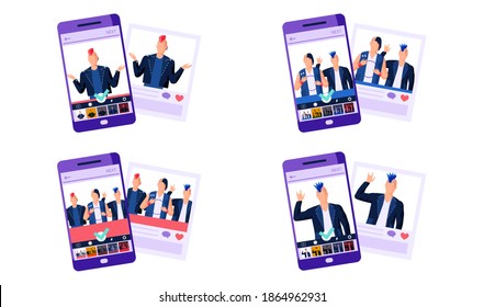 Set of pictures about different rockers on the phone screen. Men with hairstyles in leather jackets vector illustration. The man raises his hands up and shows the rock sign. People spend time together