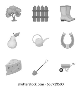 Set of pictures about gardening. Village, vegetable garden, garden, ecology.Farm and Gardening icon in set collection on monochrome style vector symbol stock illustration.