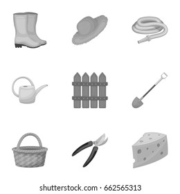 Set of pictures about gardening. Village, vegetable garden, garden, ecology.Farm and Gardening icon in set collection on monochrome style vector symbol stock illustration.
