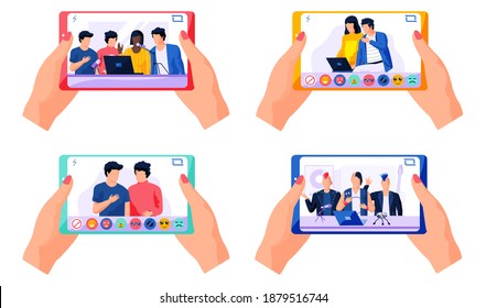 Set of pictures about girl watching the broadcast from her phone. A man and a woman sitting with a laptop and talking. A girl can choose different reactions during live broadcast vector illustration