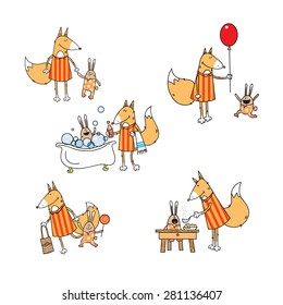 Set of pictures about the kind fox caring of a little hare.