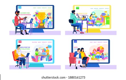 A set of pictures about online education and various of achievements of students and work remotely. Different men and women sit in headphones at the table and work online vector illustration