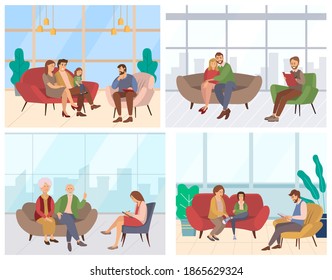 Set of pictures about psychotherapy sessions. Characters sit at the reception of a specialist. Diferent psychologists write down their patients' problems on paper vector illustration flat design