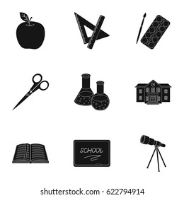 Set of pictures about the school. Study training. Supplies for school.Outfit of the student. School and eduacation icon in set collection on black style vector symbol stock illustration.