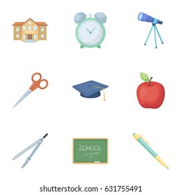 Set of pictures about the school. Study training. Supplies for school.Outfit of the student. School and eduacation icon in set collection on cartoon style vector symbol stock illustration.