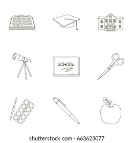 Set of pictures about the school. Study training. Supplies for school and education icon in set collection on outline style vector symbol illustration.