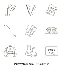 Set of pictures about the school. Study training. Supplies for school.Outfit of the student. School and eduacation icon in set collection on outline style vector symbol stock illustration.