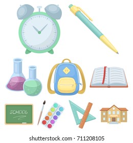 Set of pictures about the school. Study training. Supplies for school.Outfit of the student. Eduacation icon in set collection on cartoon style vector symbol stock illustration.