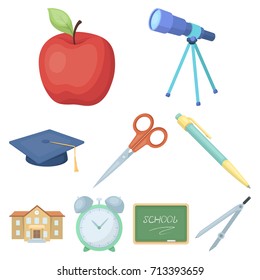 Set of pictures about the school. Study training. Supplies for school.Outfit of the student. School and eduacation icon in set collection on cartoon style vector symbol stock illustration.