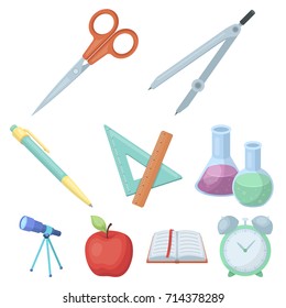 Set of pictures about the school. Study training. Supplies for school.Outfit of the student. School and eduacation icon in set collection on cartoon style vector symbol stock illustration.