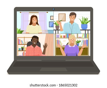 Set of pictures about smiling people have conference video call on the laptop. Girls and men chat online, working from home. People in headphones waving hands up. Shelf with books in the background