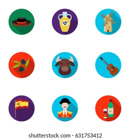 A set of pictures about Spain. Sights of Spain, gypsies, guitar, dances.Spain country icon in set collection on flat style vector symbol stock illustration.